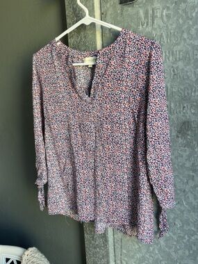 Cynthia Rowley Navy and Pink Floral Split-V Blouse